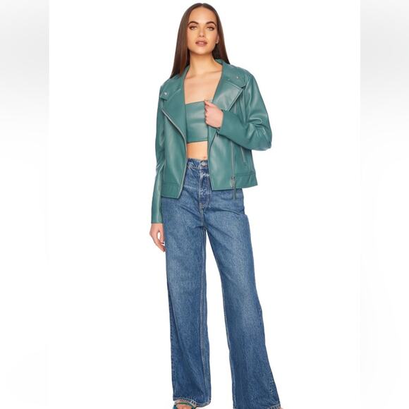 susan monaco teal green faux leather classic moto jacket coat size small NEW - Picture 4 of 8